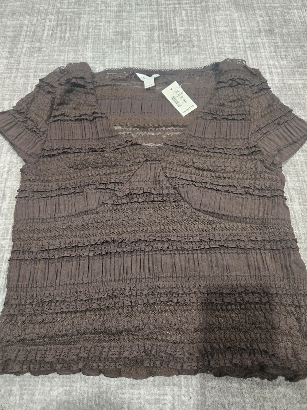 Aeropostale Brown Ruffled Crochet-Trim Short Sleeve Top - Women Size L